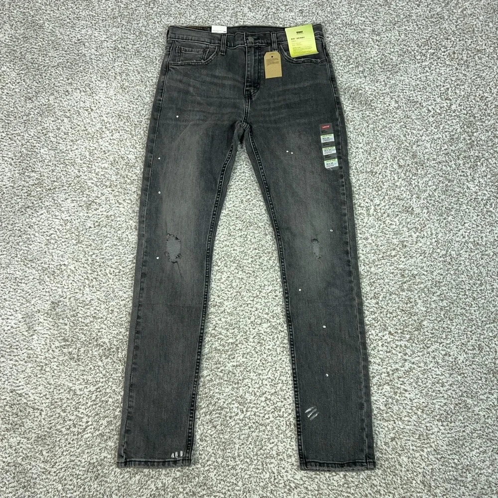 Levis 510 Jeans Mens 32x34 Gray Skinny Stretch Denim Distressed Charcoal Paint